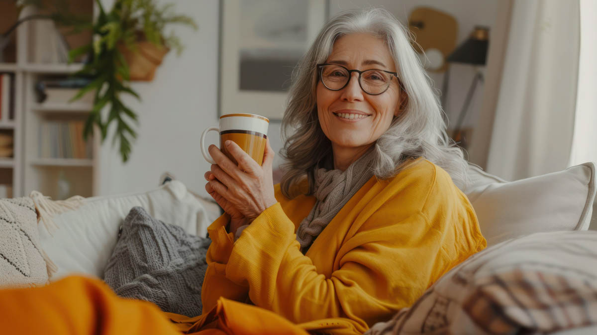 Happy beautiful relaxed mature older adult grey-haired woman drinking coffee relaxing on sofa at home. Smiling stylish middle aged 60s lady enjoying resting sitting on couch in modern living room. Stock photo --ar 16:9 --style raw --v 6 Job ID: c59ea99c-3421-49cf-9ee0-18fac7a21107